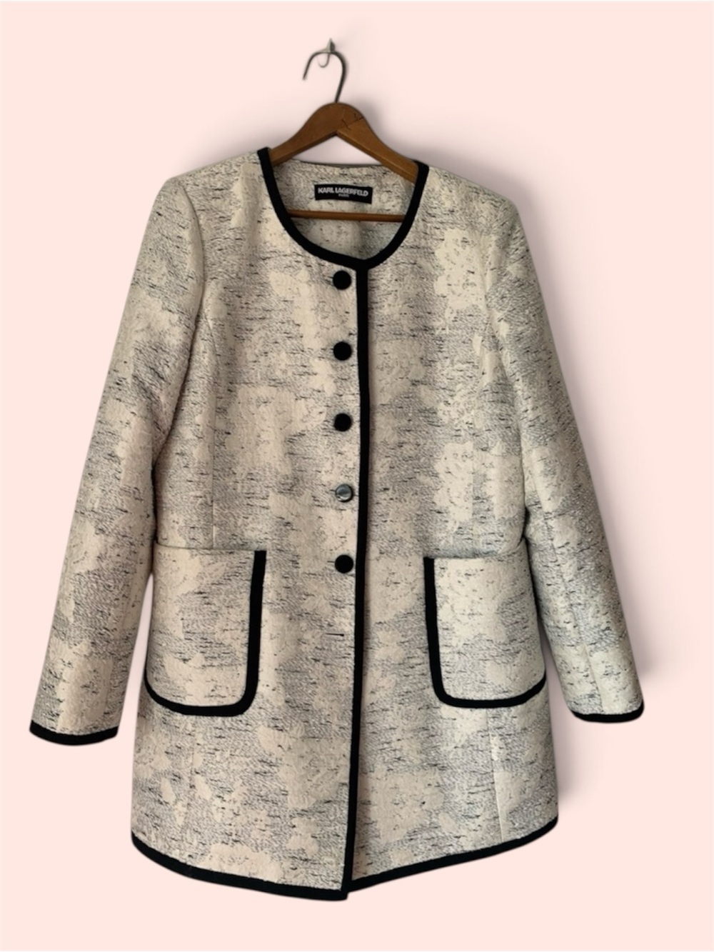 Karl Lagerfeld Paris Cream Coat with Black Trim and Buttons